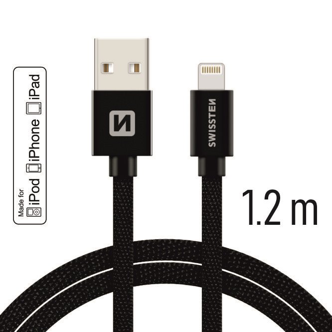 Datový kabel Swissten Textile Lightning MFI 1.2 m černý