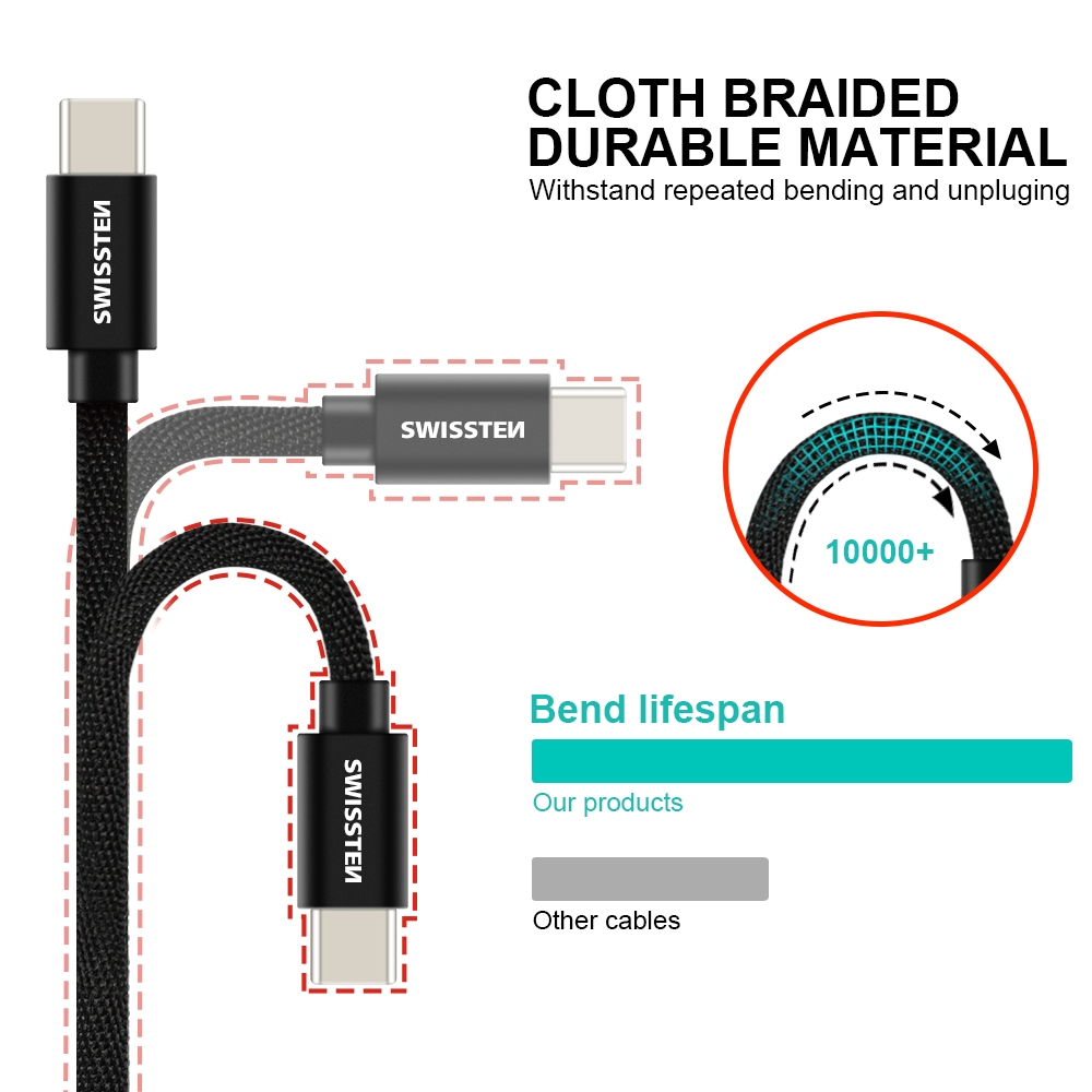 Datový kabel Swissten Textile USB-C 1.2m černý