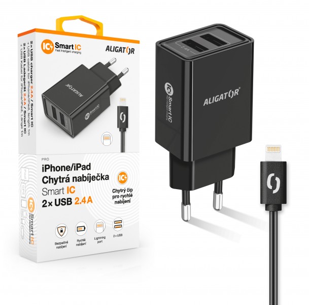 Nabíječka Aligator CHA0035 Smart IC 2x USB 2.4A s lightning kabelem černá