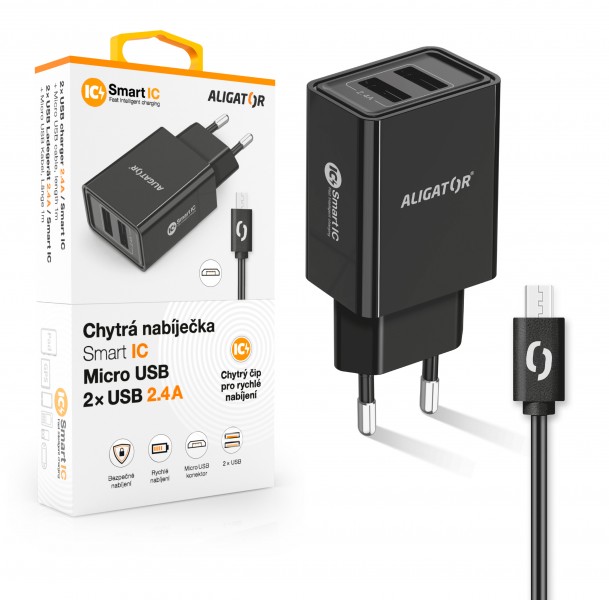 Nabíječka Aligator CHA0031 Smart IC 2x USB 2.4A s MicroUSB kabelem černá