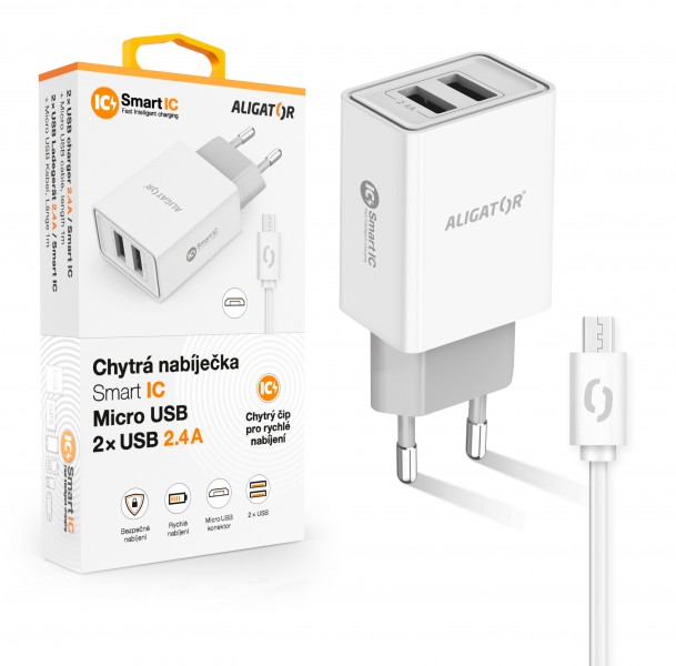 Nabíječka Aligator CHA0032 Smart IC 2x USB 2.4A s MicroUSB kabelem bílá