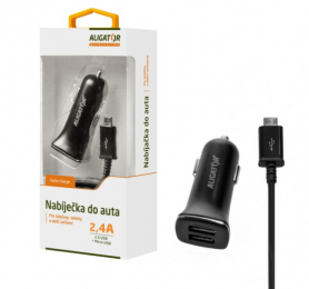 Nabíječka do auta ALIGATOR s microUSB kabelem a 2xUSB výstupem 2,4A, Turbo charge, černá