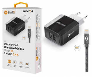 Nabíječka Aligator CHS0001 Smart IC 2x USB 3.4A s lightning kabelem černá
