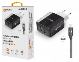 Nabíječka Aligator CHS0003 Smart IC 2x USB 3.4A s MicroUSB kabelem černá
