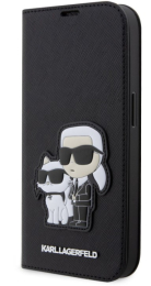 Pouzdro Karl Lagerfeld (KLBKP13LSANKCPK) Saffiano NFT Karl and Choupette pro iPhone 13 Pro černé