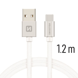 Datový kabel Swissten Textile USB-C 1.2m stříbrný