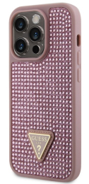 Pouzdro Guess (GUHCP14LHDGTPP) Rhinestones Triangle Metal Logo pro Apple iPhone 14 Pro růžové