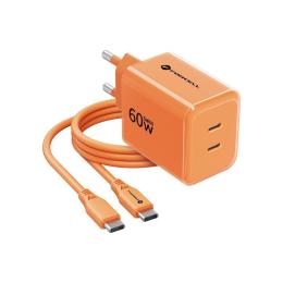 Nabíječka Forcell F-Energy GaN III 2x USB-C 60W + kabel oranžová