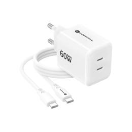 Nabíječka Forcell F-Energy GaN III 2x USB-C 60W + kabel bílá