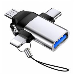 3v1 adaptér USB-A (samice) + USB-C, MicroUSB, Lightning (samci) stříbrný