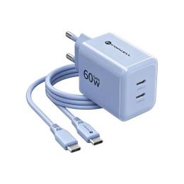 Nabíječka Forcell F-Energy GaN III 2x USB-C 60W + kabel světle modrá