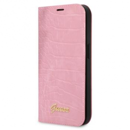 Guess PU Croco with Metal Camera Outline Book Pouzdro pro iPhone 14 Plus Pink