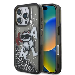 Karl Lagerfeld Liquid Glitter Scattered Choupette Zadní Kryt pro iPhone 16 Pro Max Black