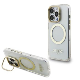 Guess IML Gold Outline Stand Camera Frame MagSafe Zadní Kryt pro iPhone 15 Pro Transparent