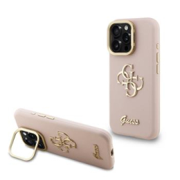 Guess PU Grained 4G Logo Stand Camera Frame Zadní Kryt pro iPhone 15 Pro Max Pink