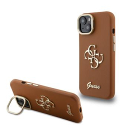 Guess PU Grained 4G Logo Stand Camera Frame Zadní Kryt pro iPhone 13 Brown