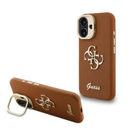 Guess PU Grained 4G Logo Stand Camera Frame Zadní Kryt pro iPhone 16 Brown