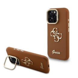 Guess PU Grained 4G Logo Stand Camera Frame Zadní Kryt pro iPhone 16 Pro Brown