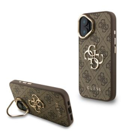 Guess PU 4G Metal Logo Stand Camera Frame Zadní Kryt pro iPhone 16 Brown
