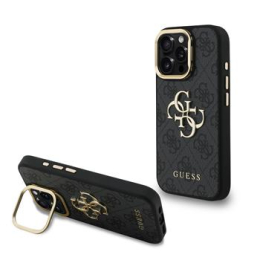 Guess PU 4G Metal Logo Stand Camera Frame Zadní Kryt pro iPhone 15 Pro Max Black