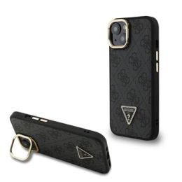 Guess PU 4G Strass Triangle Logo Stand Camera Frame MagSafe Zadní Kryt pro iPhone 13 Black