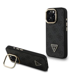 Guess PU 4G Strass Triangle Logo Stand Camera Frame MagSafe Zadní Kryt pro iPhone 16 Pro Black