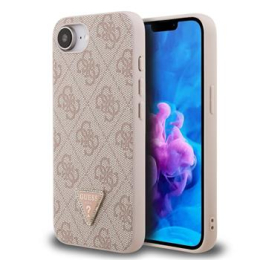 Guess PU 4G Strass Triangle Metal Logo Zadní Kryt pro iPhone 16e Pink