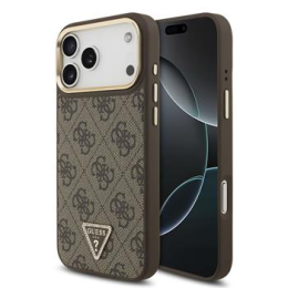 Guess PU Leather 4G Strass Triangle Logo Gold Frame MagSafe Zadní Kryt pro iPhone 17 Pro Max Brown