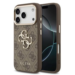Guess PU Leather 4G Metal Logo Gold Frame Zadní Kryt pro iPhone 17 Pro Brown