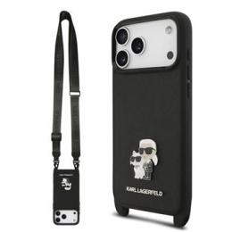 Karl Lagerfeld Saffiano Crossbody Popruh Metal Karl and Choupette Zadní Kryt pro iPhone 18 Pro Max Black
